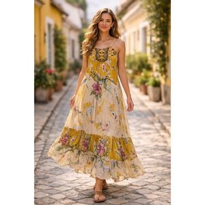 One September Yellow Boho Maxi‎ Dress Floral Fish Print Size S